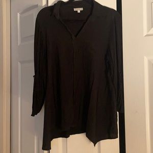 Black Collared Cotton Quarter Sleeve V-Neck Business Blouse, Size L